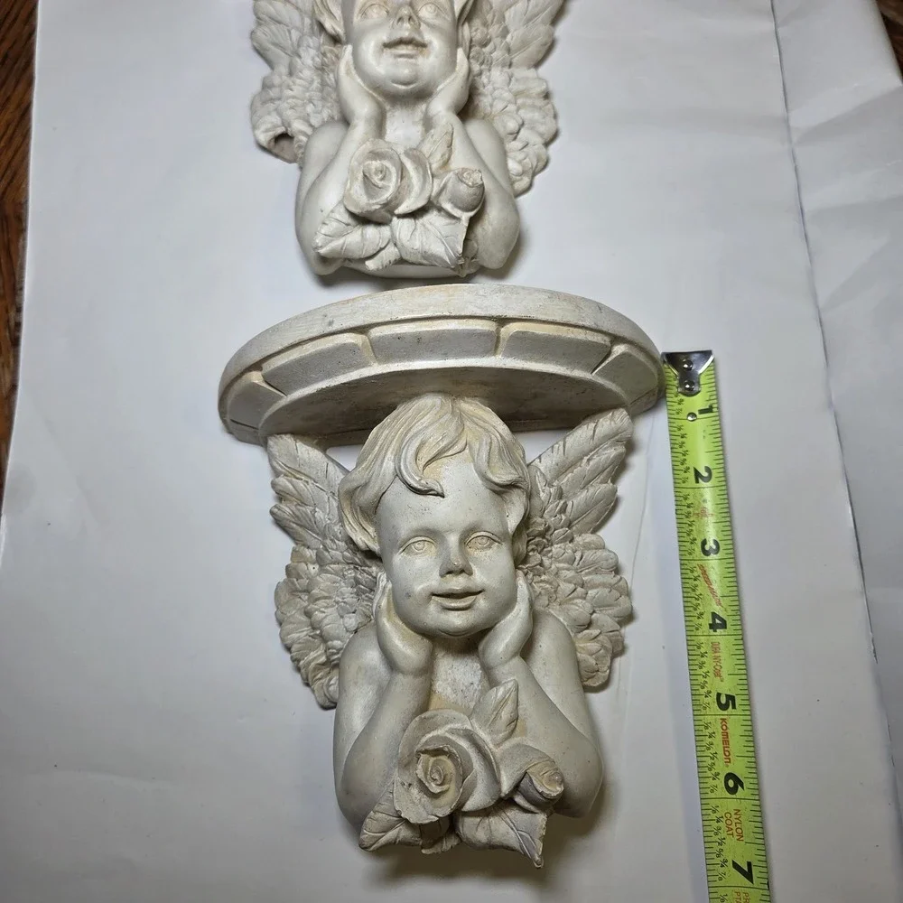 Set of 2 Vintage Hand Carved Wood Cherub Angel Wall Shelf Corbels with Roses